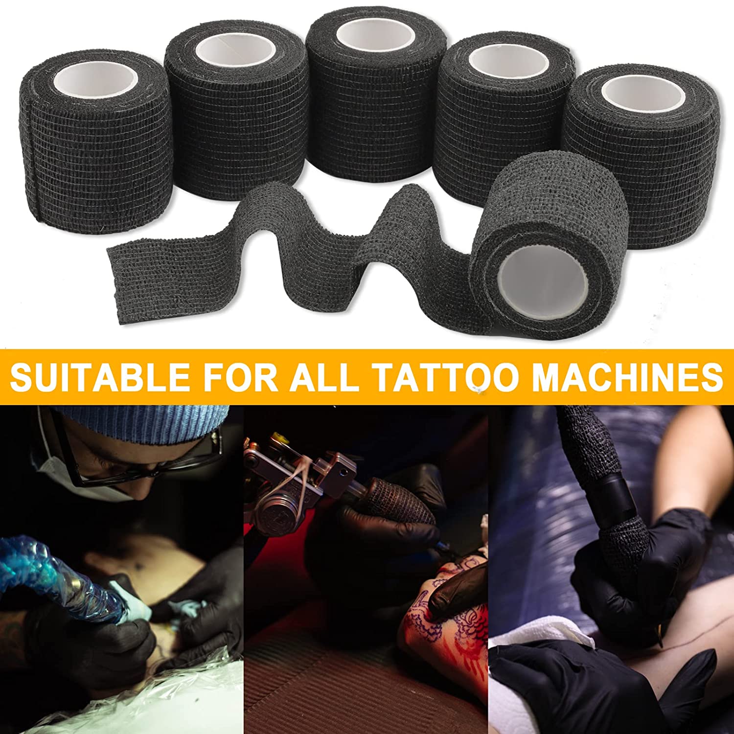96/24/12/6/3pcs Tattoo Grip Covers Tape Self Adherent Elastic Wraps Black  Waterproof Bandage Tattoo Accessories Supply
